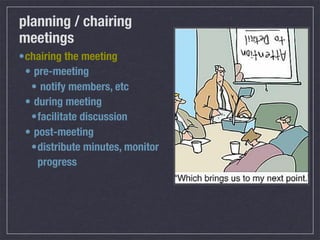 planning / chairing
meetings
• chairing the meeting
  • pre-meeting
   • notify members, etc
  • during meeting
   • facilitate discussion
  • post-meeting
   • distribute minutes, monitor
     progress
 