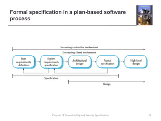 Formal specification in a plan-based software process52Chapter 12 Dependability and Security Specification