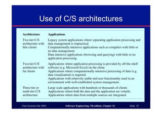 ©Ian Sommerville 2004 Software Engineering, 7th edition. Chapter 12 Slide 25
Use of C/S architectures
Architecture Applications
Two-tier C/S
architecture with
thin clients
Legacy system applications where separating application processing and
data management is impractical.
Computationally-intensive applications such as compilers with little or
no data management.
Data-intensive applications (browsing and querying) with little or no
application processing.
Two-tier C/S
architecture with
fat clients
Applications where application processing is provided by off-the-shelf
software (e.g. Microsoft Excel) on the client.
Applications where computationally-intensive processing of data (e.g.
data visualisation) is required.
Applications with relatively stable end-user functionality used in an
environment with well-established system management.
Three-tier or
multi-tier C/S
architecture
Large scale applications with hundreds or thousands of clients
Applications where both the data and the application are volatile.
Applications where data from multiple sources are integrated.
 