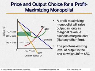 Price and Output Choice for a Profit-Maximizing Monopolist A profit-maximizing monopolist will raise output as long as marginal revenue exceeds marginal cost (like any other firm). The profit-maximizing level of output is the one at which  MR  =  MC . 