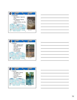 • Inceptisols
  – Latin Inceptum, “beginning”,
    young
  – Few Diagnostic Features
       • Faint horizons
  – Tundra, mountains, old valley
    bottoms




                                    - Fig. 12-28




• Andisols
  – “Andi”, andesite (a lava
    rock) named after the
    Andes Mts.
  – Volcanic ash soils
  – Mild weathering
  – Inherently fertile




                                    - Fig. 12-29




• Gelisols
  –   Latin gelatio, “freezing”
  –   Permafrost layer
  –   Young soils
  –   Arctic and subarctic
      regions
       • Cryoturbation




                                    - Fig. 12-30




                                                   13
 
