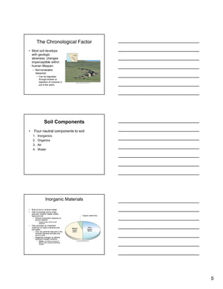 The Chronological Factor
• Most soil develops
  with geologic
  slowness: changes
  imperceptible within
  human lifespan.
     – Nonrenewable
       resource:
          • Can be degraded
            through erosion or
            depletion of nutrients in
            just a few years.




                    Soil Components
•     Four neutral components to soil:
     1.    Inorganics
     2.    Organics
     3.    Air
     4.    Water




                      Inorganic Materials

•   Bulk of soil is mineral matter.
•   Half of average soil is small,
    granular mineral matter called
    sand and silt.
     – Mineral composition depends on
       parent material.
          • Quartz (silica, SiO2) most
            common.
•   Clay provides an important
    reservoir for plant nutrients and
    soil water.
     – Only clay particles take part in the
       intricate chemical activities that
       occur in soil.
     – Negatively charged, so attracts
       positively charged nutrients.
          • Cation—an atom or group of
            atoms with a positive electrical
            charge.




                                               5
 