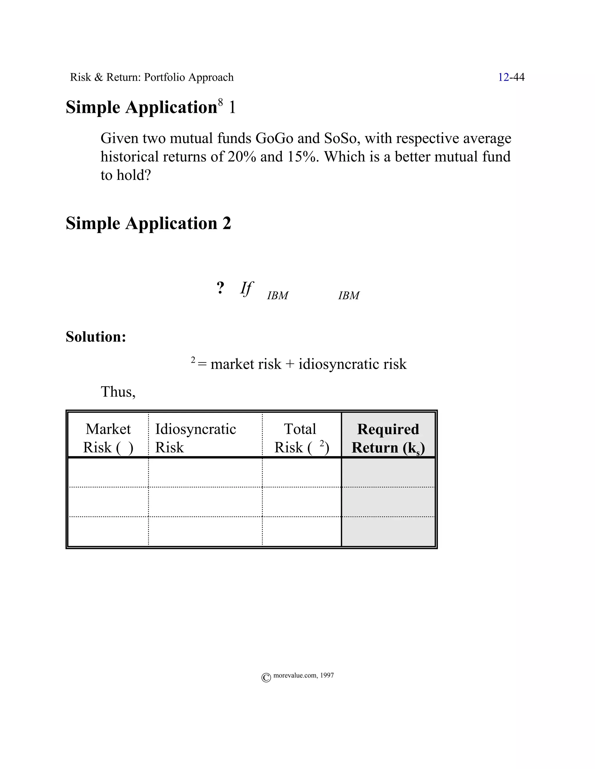 Risk & Return: Portfolio Approach                                            12-44

Simple Application8 1
      Given two mutual funds GoGo and SoSo, with respective average
      historical returns of 20% and 15%. Which is a better mutual fund
      to hold?


Simple Application 2


                               ? If FIBM _ Y                  IBM


Solution:
                      F2 =    market risk + idiosyncratic risk
      Thus,

  Market         Idiosyncratic            Total                 Required
  Risk ($)       Risk                    Risk (F2)             Return (ks)
       _                                        _                   _

                           _                    _

       _                  _                     _                   _




                                      © morevalue.com, 1997
 