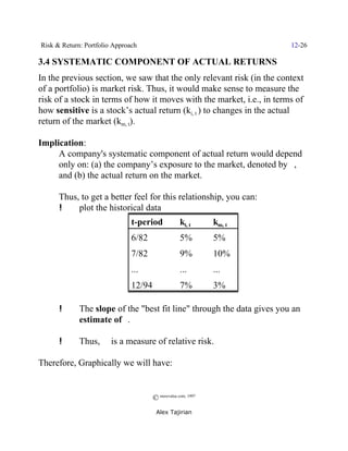 Risk & Return: Portfolio Approach                                       12-26

3.4 SYSTEMATIC COMPONENT OF ACTUAL RETURNS
In the previous section, we saw that the only relevant risk (in the context
of a portfolio) is market risk. Thus, it would make sense to measure the
risk of a stock in terms of how it moves with the market, i.e., in terms of
how sensitive is a stock’s actual return (ki, t ) to changes in the actual
return of the market (km, t).

Implication:
     A company's systematic component of actual return would depend
     only on: (a) the company’s exposure to the market, denoted by $,
     and (b) the actual return on the market.

      Thus, to get a better feel for this relationship, you can:
      !    plot the historical data
                               t-period             ki, t      km, t
                               6/82                 5%         5%
                               7/82                 9%         10%
                               ...                  ...        ...
                               12/94                7%         3%

      !      The slope of the "best fit line" through the data gives you an
             estimate of $.

      !      Thus, $ is a measure of relative risk.

Therefore, Graphically we will have:


                                       © morevalue.com, 1997
                                        Alex Tajirian
 