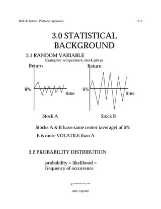 Risk & Return: Portfolio Approach                                              12-5




                        3.0 STATISTICAL
                         BACKGROUND
     3.1 RANDOM VARIABLE
                   Examples: temperature, stock prices
       Return                                          Return




    6%                                            6%
                                    time                                time




                 Stock A                                      Stock B

            Stocks A & B have same center (average) of 6%
             B is more VOLATILE than A


       3.2 PROBABILITY DISTRIBUTION

                   probability = likelihood =
                   frequency of occurrence


                                      © morevalue.com, 1997
                                       Alex Tajirian
 
