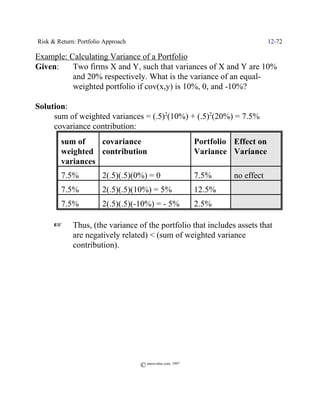 Risk & Return: Portfolio Approach                                                 12-72

Example: Calculating Variance of a Portfolio
Given:    Two firms X and Y, such that variances of X and Y are 10%
          and 20% respectively. What is the variance of an equal-
          weighted portfolio if cov(x,y) is 10%, 0, and -10%?

Solution:
     sum of weighted variances = (.5)2(10%) + (.5)2(20%) = 7.5%
     covariance contribution:
        sum of    covariance                                Portfolio Effect on
        weighted contribution                               Variance Variance
        variances
        7.5%            2(.5)(.5)(0%) = 0                   7.5%      no effect
        7.5%            2(.5)(.5)(10%) = 5%                 12.5%     _
        7.5%            2(.5)(.5)(-10%) = - 5%              2.5%      `

      L      Thus, (the variance of the portfolio that includes assets that
             are negatively related) < (sum of weighted variance
             contribution).




                                    © morevalue.com, 1997
 