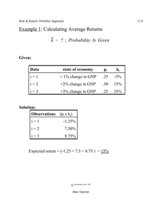 Risk & Return: Portfolio Approach                                         12-8

Example 1: Calculating Average Returns

                       k ' ? ; Probability Is Given


Given:

        Data                    state of economy              pi    ki
        i=1                   + 1% change in GNP              .25   -5%
        i=2                   +2% change in GNP               .50   15%
        i=3                   +3% change in GNP               .25   35%


Solution:
         Observations         (pi x ki)
         i=1                    -1.25%
         i=2                        7.50%
         i=3                        8.75%


ˆ      Expected return = (-1.25 + 7.5 + 8.75 ) = 15%




                                      © morevalue.com, 1997
                                          Alex Tajirian
 