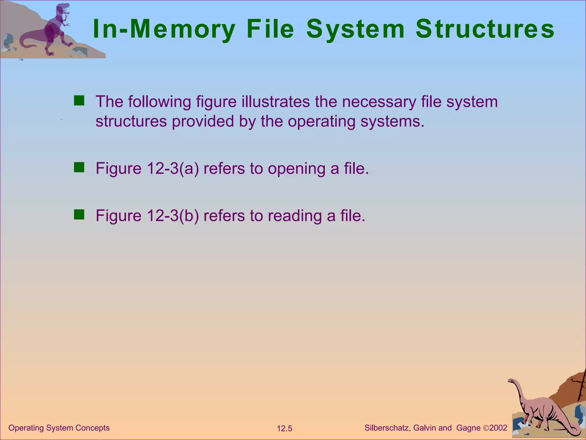 In-Memory File System Structures The following figure illustrates the necessary file system structures provided by the operating systems. Figure 12-3(a) refers to opening a file. Figure 12-3(b) refers to reading a file. 