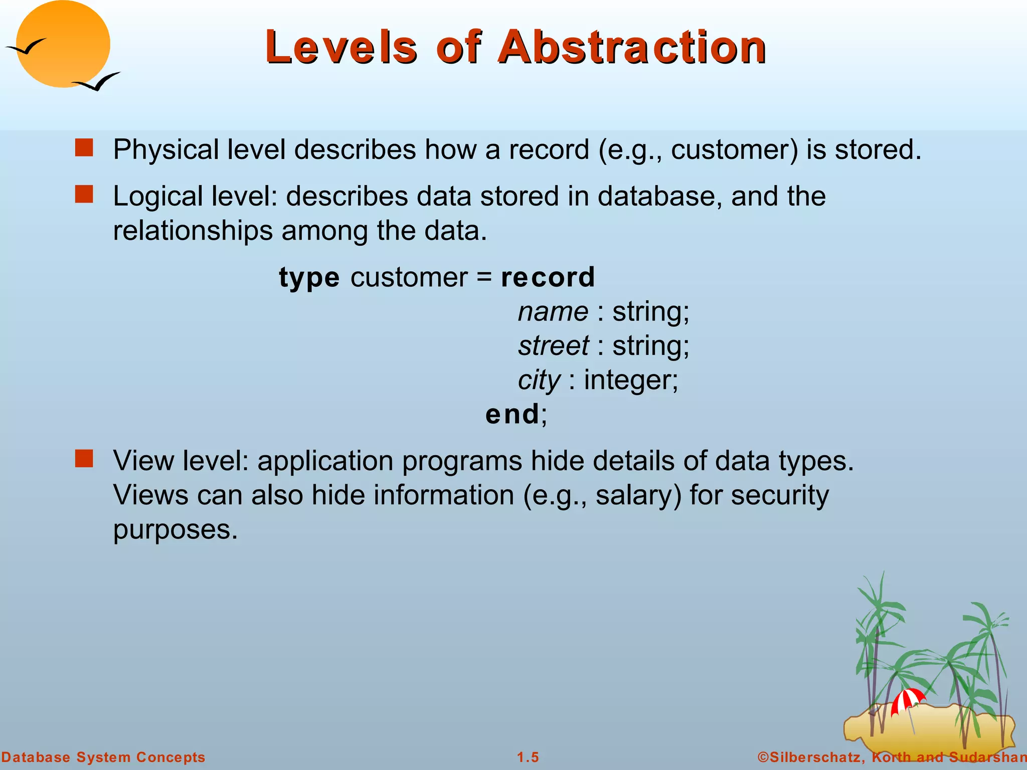 Levels of Abstraction Physical level describes how a record (e.g., customer) is stored. Logical level: describes data stored in database, and the relationships among the data. type  customer =  record name  : string; street  : string; city  : integer; end ; View level: application programs hide details of data types.  Views can also hide information (e.g., salary) for security purposes.  