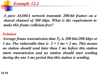 A pure ALOHA network transmits 200-bit frames on a shared channel of 200 kbps. What is the requirement to make this frame collision-free? Example 12.2 Solution Average frame transmission time T fr  is 200 bits/200 kbps or 1 ms. The vulnerable time is  2 × 1 ms = 2 ms. This means no station should send later than 1 ms before this station starts transmission and no station should start sending during the one 1-ms period that this station is sending. 