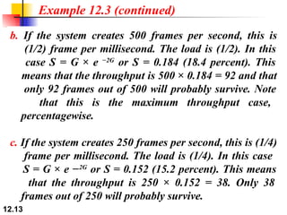 Example 12.3 (continued) b.  If the system creates 500 frames per second, this is   (1/2) frame per millisecond. The load is (1/2). In this   case S = G × e  −2G  or S = 0.184 (18.4 percent). This   means that the throughput is 500 × 0.184 = 92 and that   only 92 frames out of 500 will probably survive. Note   that this is the maximum throughput case,   percentagewise. c.  If the system creates 250 frames per second, this is (1/4)   frame per millisecond. The load is (1/4). In this case    S = G × e − 2G  or S = 0.152 (15.2 percent). This means   that the throughput is 250 × 0.152 = 38. Only 38   frames out of 250 will probably survive. 
