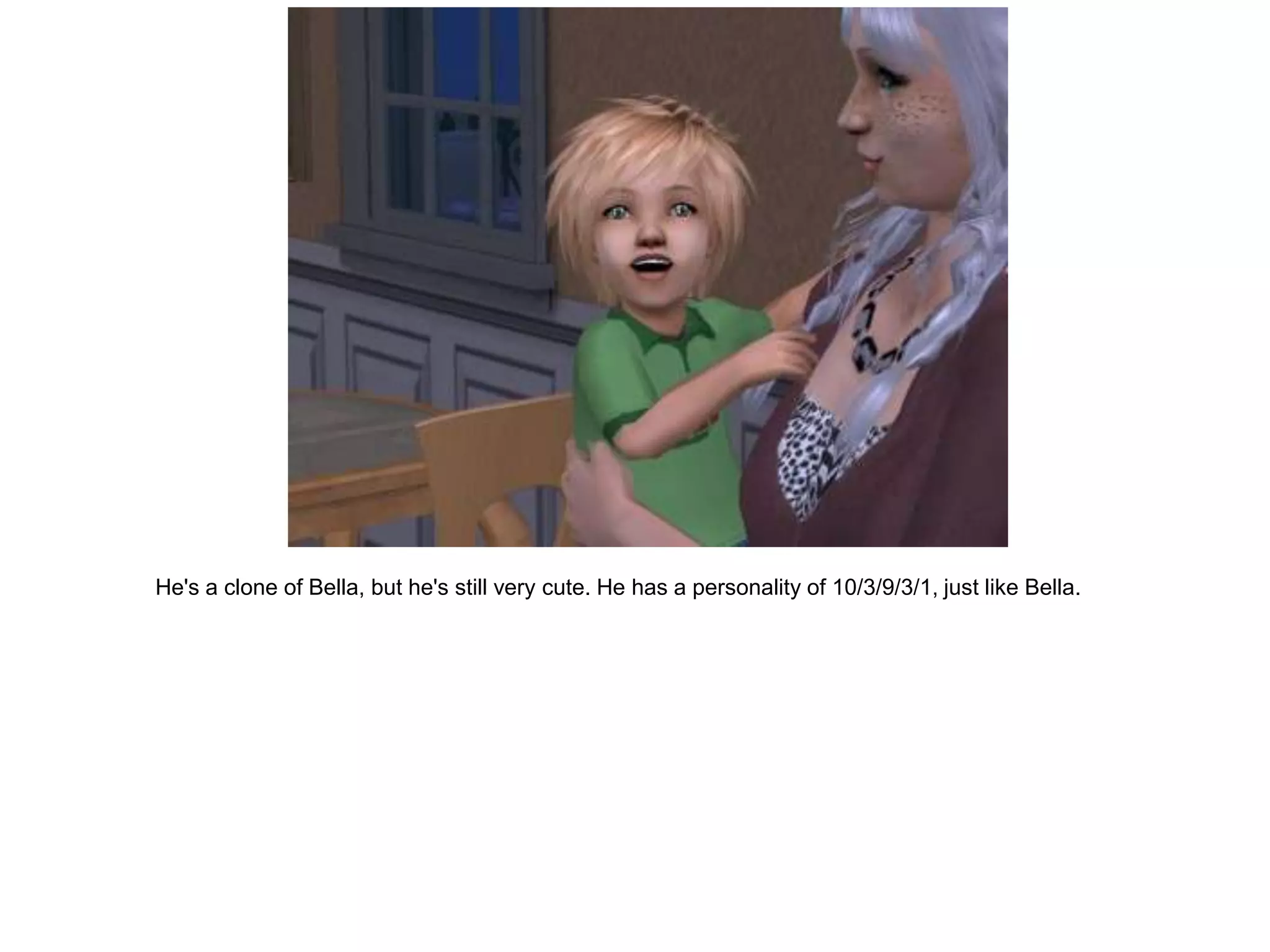 He's a clone of Bella, but he's still very cute. He has a personality of 10/3/9/3/1, just like Bella.
 