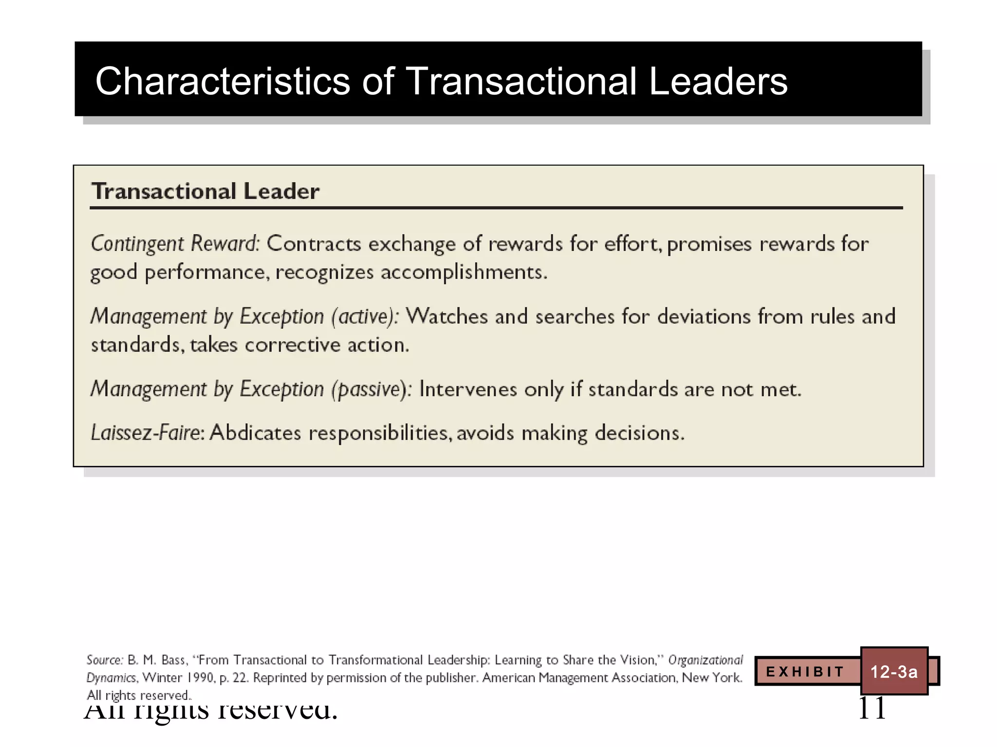 Characteristics of Transactional Leaders
Characteristics of Transactional Leaders




© 2003 Prentice Hall Inc.             EXHIBIT   12–
                                                 12-3a

All rights reserved.                            11
 