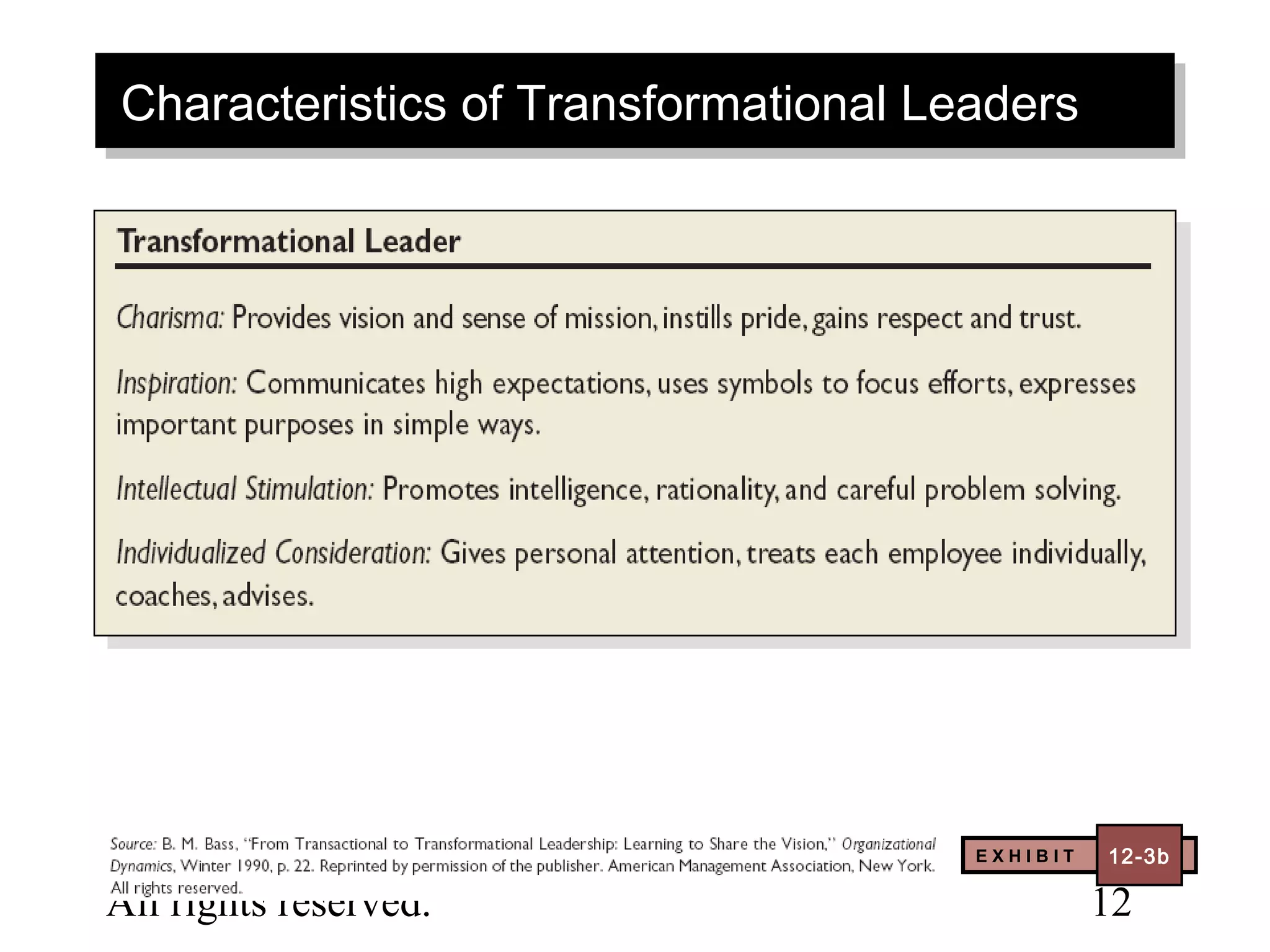 Characteristics of Transformational Leaders
Characteristics of Transformational Leaders




© 2003 Prentice Hall Inc.            EXHIBIT   12–
                                                12-3b

All rights reserved.                           12
 