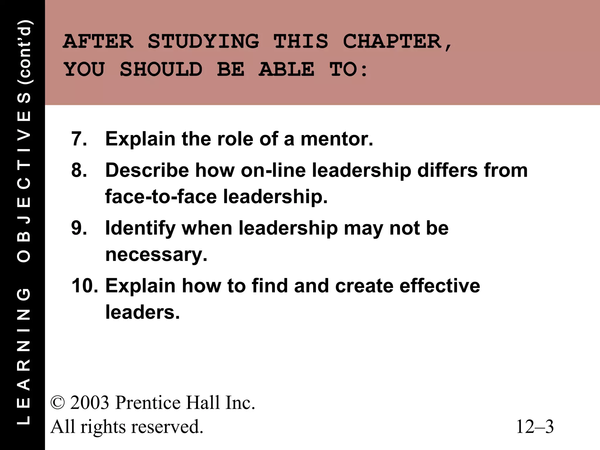 O B J E C T I V E S (cont’d)
                                AFTER STUDYING THIS CHAPTER,
                                YOU SHOULD BE ABLE TO:

                                 7. Explain the role of a mentor.
                                 8. Describe how on-line leadership differs from
                                    face-to-face leadership.
                                 9. Identify when leadership may not be
                                    necessary.
                                 10. Explain how to find and create effective
L E A R N I N G




                                     leaders.



                               © 2003 Prentice Hall Inc.
                               All rights reserved.                             12–3
 