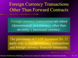 Foreign Currency Transactions Other Than Forward Contracts Foreign currency transactions   are stated (denominated) in a currency other than an entity’s functional currency. The provisions of  FASB Statement No. 52 apply only to foreign currency transactions and foreign currency financial statements. 