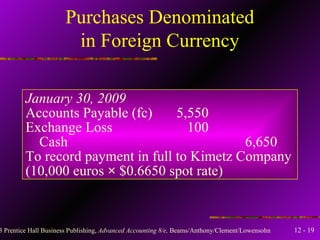 Purchases Denominated in Foreign Currency January 30, 2009 Accounts Payable (fc) 5,550 Exchange Loss   100 Cash 6,650 To record payment in full to Kimetz Company (10,000 euros  ×  $0.6650 spot rate) 