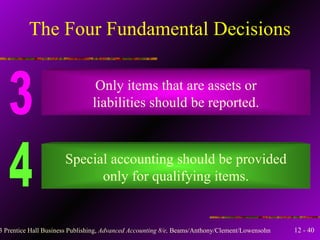 The Four Fundamental Decisions 3 Only items that are assets or liabilities should be reported. 4 Special accounting should be provided only for qualifying items. 