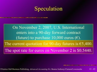 Speculation On November 2, 2007, U.S. International enters into a 90-day forward contract (future) to purchase 10,000 euros (€). The current quotation for 90-day futures is €5,400. The spot rate for euros on November 2 is $0.5440. 
