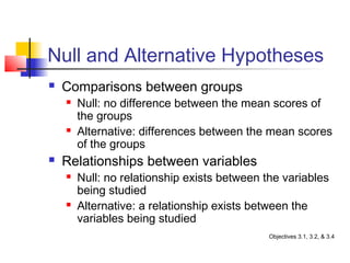 Null and Alternative Hypotheses
   Comparisons between groups
       Null: no difference between the mean scores of
        the groups
       Alternative: differences between the mean scores
        of the groups
   Relationships between variables
       Null: no relationship exists between the variables
        being studied
       Alternative: a relationship exists between the
        variables being studied
                                              Objectives 3.1, 3.2, & 3.4
 