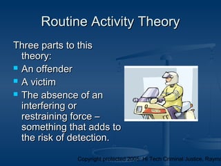 Copyright protected 2005: Hi Tech Criminal Justice, Raymo
Routine Activity TheoryRoutine Activity Theory
Three parts to thisThree parts to this
theory:theory:
 An offenderAn offender
 A victimA victim
 The absence of anThe absence of an
interfering orinterfering or
restraining force –restraining force –
something that adds tosomething that adds to
the risk of detection.the risk of detection.
 