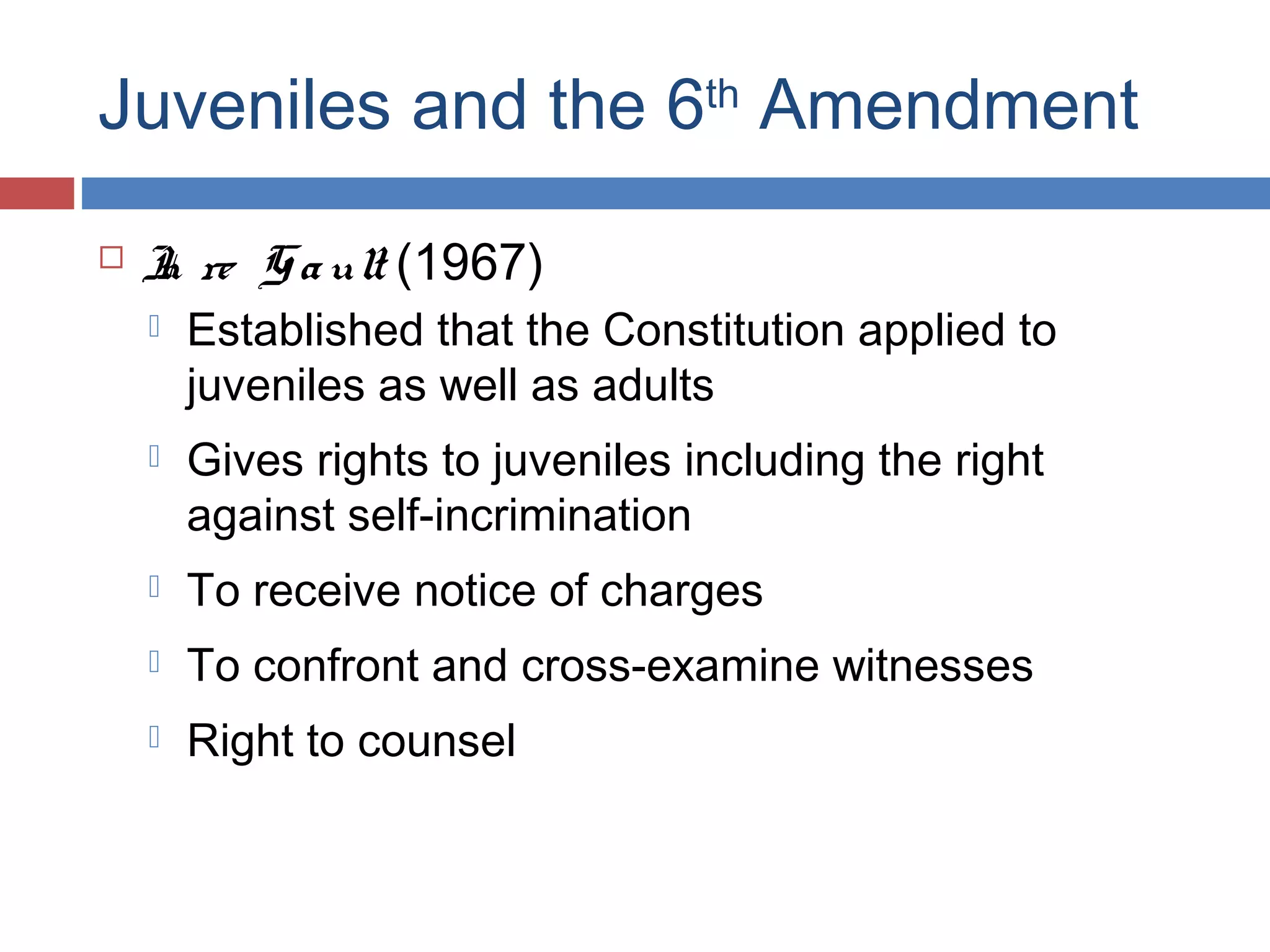 Juveniles and the 6th Amendment


I re G a ult (1967)
n


Established that the Constitution applied to
juveniles as well as adults



Gives rights to juveniles including the right
against self-incrimination



To receive notice of charges



To confront and cross-examine witnesses



Right to counsel

 