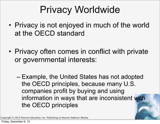 Privacy Worldwide
• Privacy is not enjoyed in much of the world
at the OECD standard
• Privacy often comes in conflict with private
or governmental interests:
– Example, the United States has not adopted
the OECD principles, because many U.S.
companies profit by buying and using
information in ways that are inconsistent with
the OECD principles
Copyright © 2013 Pearson Education, Inc. Publishing as Pearson Addison-Wesley

Friday, December 6, 13

 