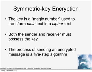 Symmetric-key Encryption
• The key is a “magic number” used to
transform plain text into cipher text
• Both the sender and receiver must
possess the key
• The process of sending an encrypted
message is a five-step algorithm

Copyright © 2013 Pearson Education, Inc. Publishing as Pearson Addison-Wesley

Friday, December 6, 13

 