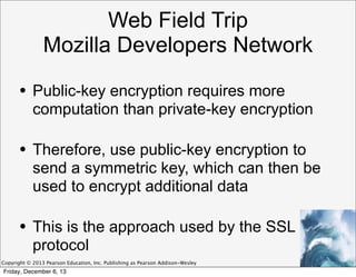 Web Field Trip
Mozilla Developers Network
•

Public-key encryption requires more
computation than private-key encryption

•

Therefore, use public-key encryption to
send a symmetric key, which can then be
used to encrypt additional data

•

This is the approach used by the SSL
protocol

Copyright © 2013 Pearson Education, Inc. Publishing as Pearson Addison-Wesley

Friday, December 6, 13

 