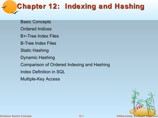 Chapter 12: Indexing and Hashing
Basic Concepts
Ordered Indices
B+-Tree Index Files
B-Tree Index Files
Static Hashing
Dynamic Hashing
Comparison of Ordered Indexing and Hashing
Index Definition in SQL
Multiple-Key Access

Database System Concepts

12.1

©Silberschatz, Korth and Sudarshan

 