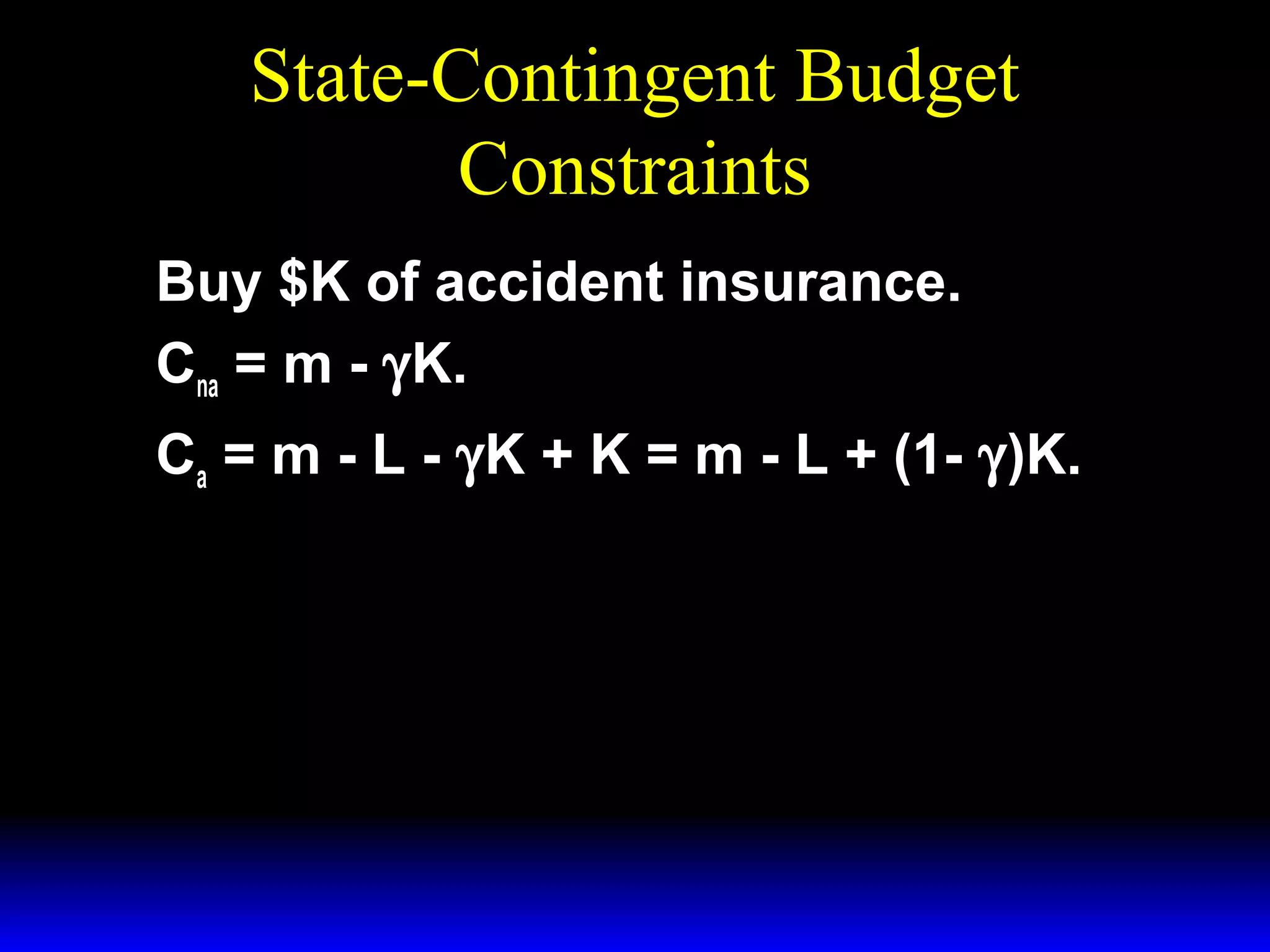 State-Contingent Budget
Constraints
Buy $K of accident insurance.
Cna = m - γK.
Ca = m - L - γK + K = m - L + (1- γ)K.

 