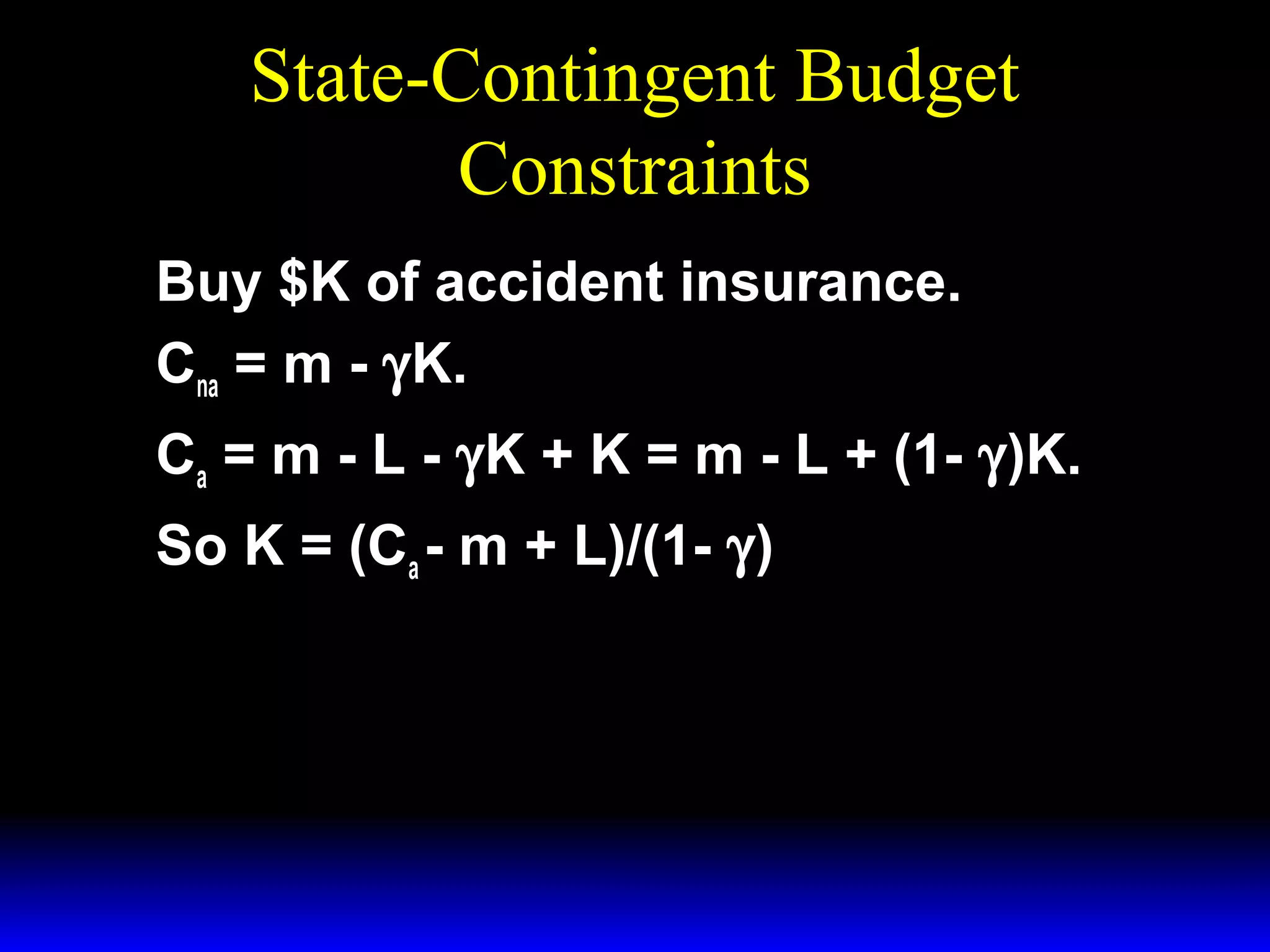 State-Contingent Budget
Constraints
Buy $K of accident insurance.
Cna = m - γK.
Ca = m - L - γK + K = m - L + (1- γ)K.
So K = (Ca - m + L)/(1- γ)

 