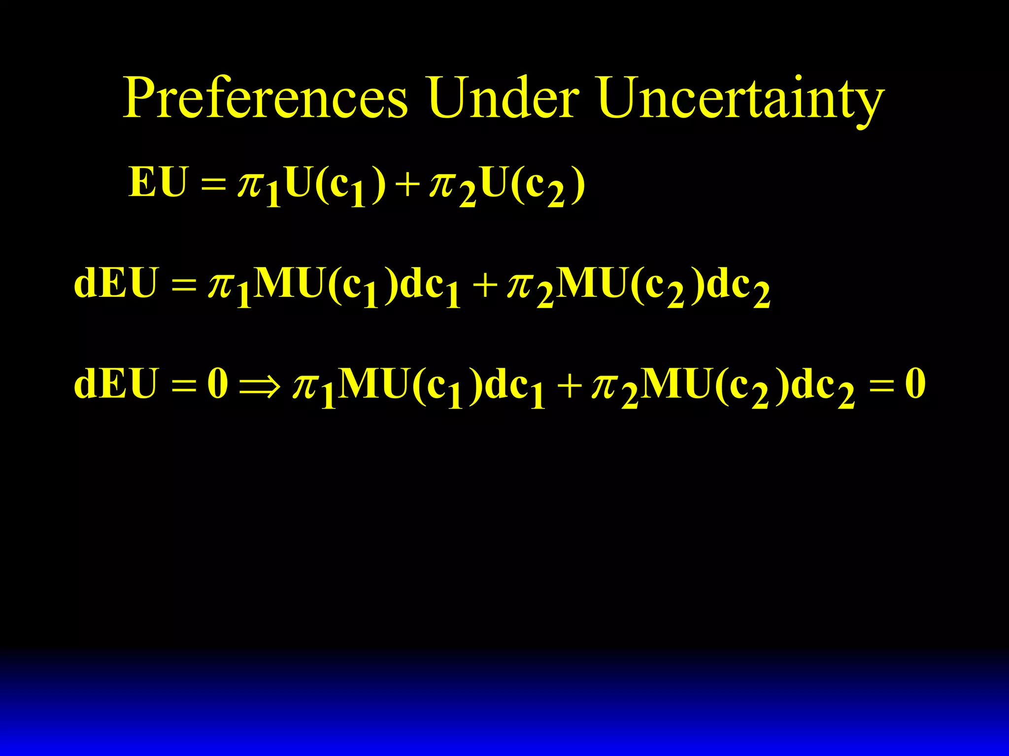 Preferences Under Uncertainty
EU = π 1U(c1 ) + π 2U(c 2 )
dEU = π 1MU(c1 )dc1 + π 2MU(c 2 )dc 2
dEU = 0 ⇒ π 1MU(c1 )dc1 + π 2MU(c 2 )dc 2 = 0

 