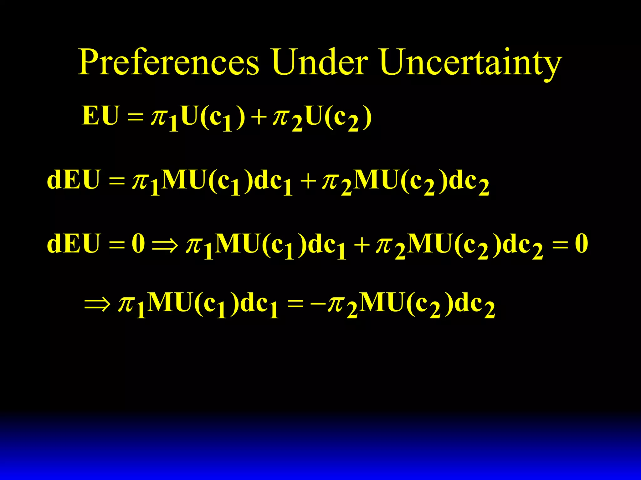 Preferences Under Uncertainty
EU = π 1U(c1 ) + π 2U(c 2 )
dEU = π 1MU(c1 )dc1 + π 2MU(c 2 )dc 2
dEU = 0 ⇒ π 1MU(c1 )dc1 + π 2MU(c 2 )dc 2 = 0
⇒ π 1MU(c1 )dc1 = −π 2MU(c 2 )dc 2

 