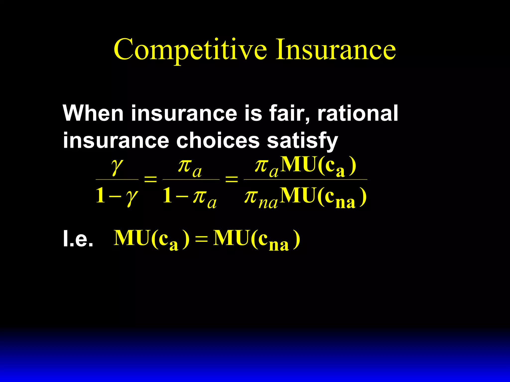 Competitive Insurance
When insurance is fair, rational
insurance choices satisfy
γ
πa
π a MU(ca )
=
=
1 − γ 1 − π a π na MU(cna )
I.e. MU(ca ) = MU(cna )

 
