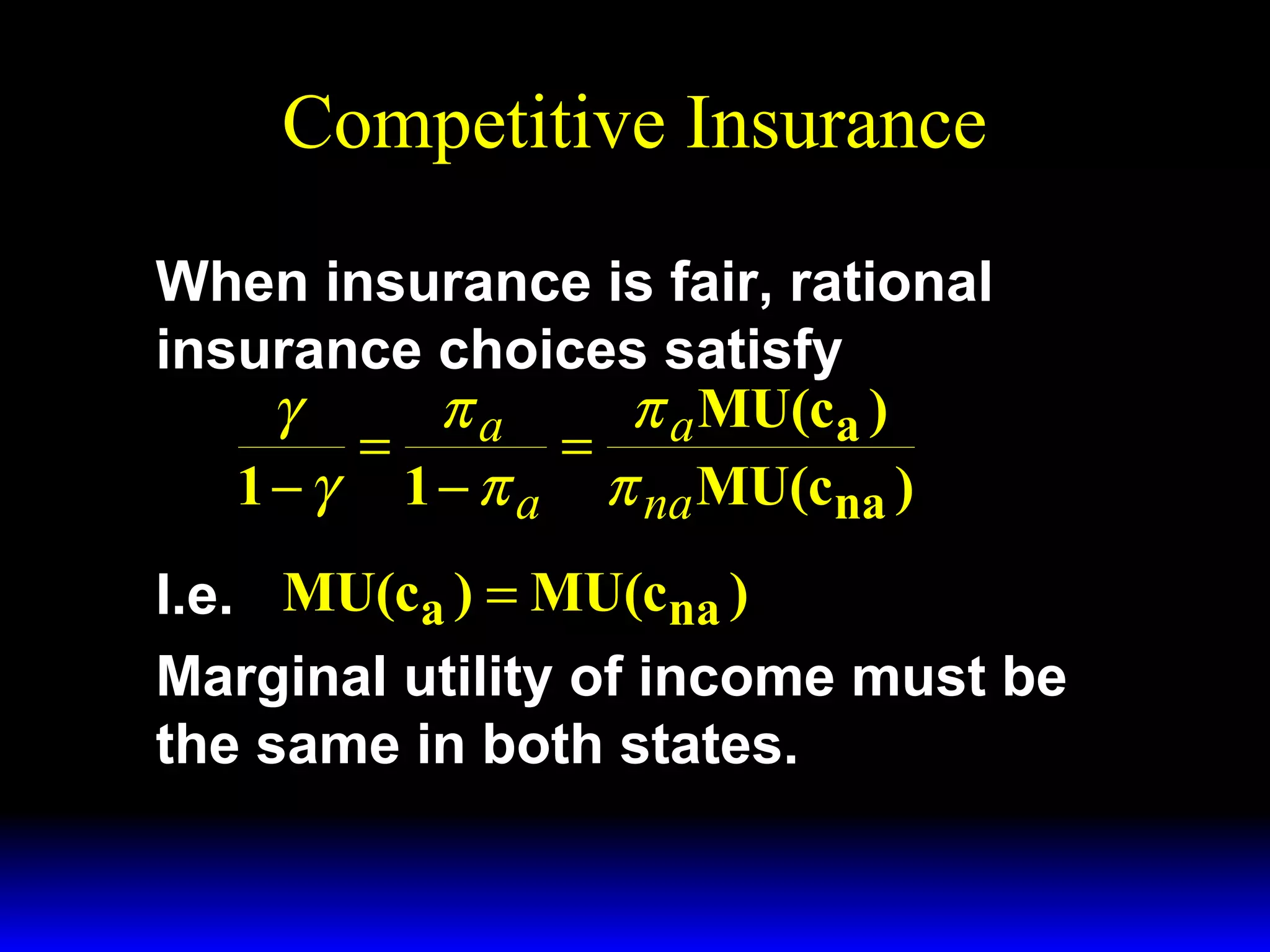 Competitive Insurance
When insurance is fair, rational
insurance choices satisfy
γ
πa
π a MU(ca )
=
=
1 − γ 1 − π a π na MU(cna )
I.e. MU(ca ) = MU(cna )
Marginal utility of income must be
the same in both states.

 