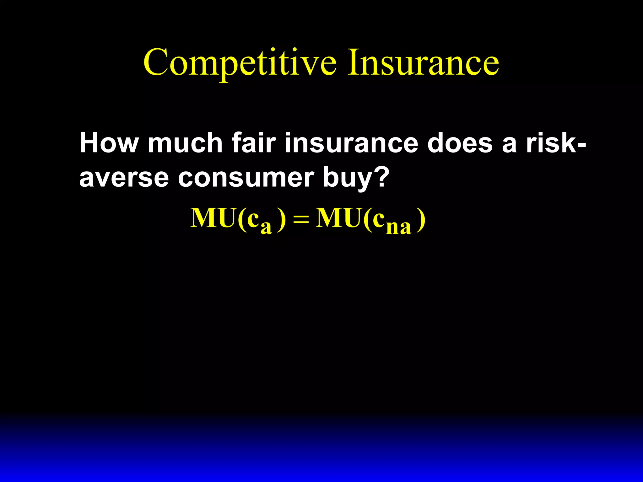 Competitive Insurance
How much fair insurance does a riskaverse consumer buy?
MU(ca ) = MU(cna )

 