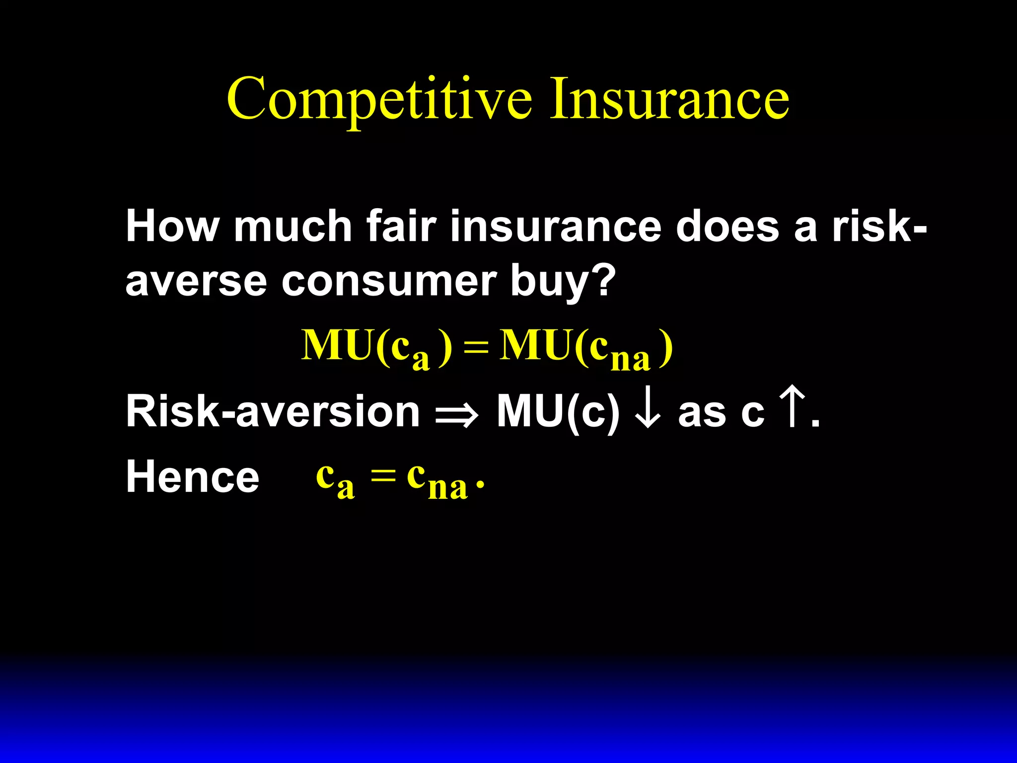 Competitive Insurance
How much fair insurance does a riskaverse consumer buy?
MU(ca ) = MU(cna )
Risk-aversion ⇒ MU(c) ↓ as c ↑.
Hence ca = cna .

 