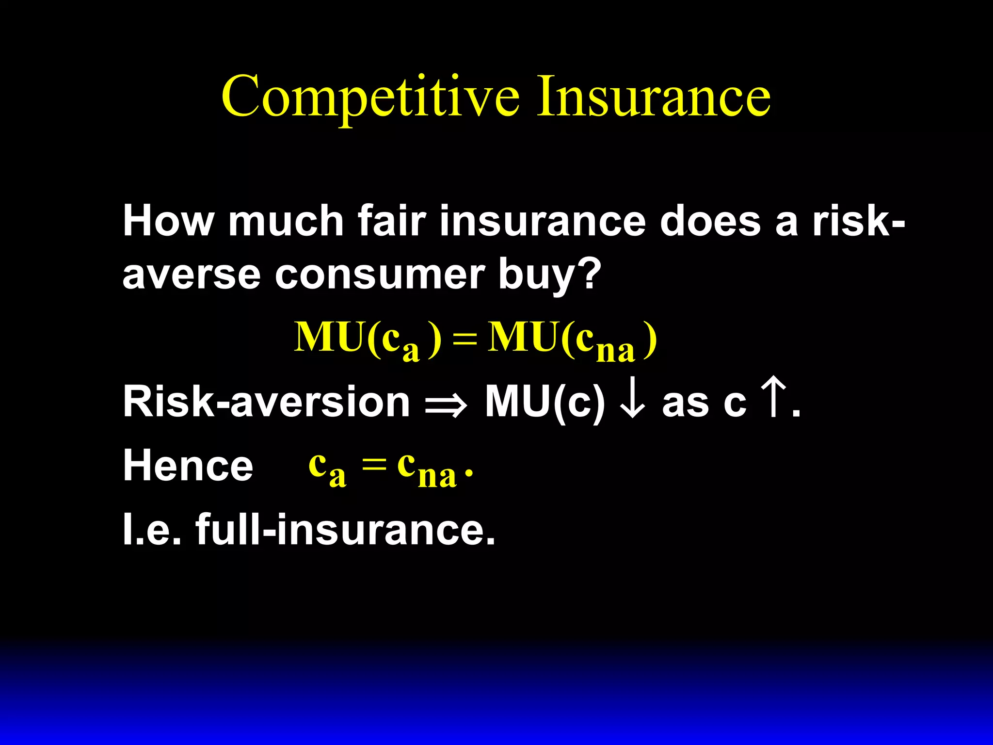 Competitive Insurance
How much fair insurance does a riskaverse consumer buy?
MU(ca ) = MU(cna )
Risk-aversion ⇒ MU(c) ↓ as c ↑.
Hence ca = cna .
I.e. full-insurance.

 