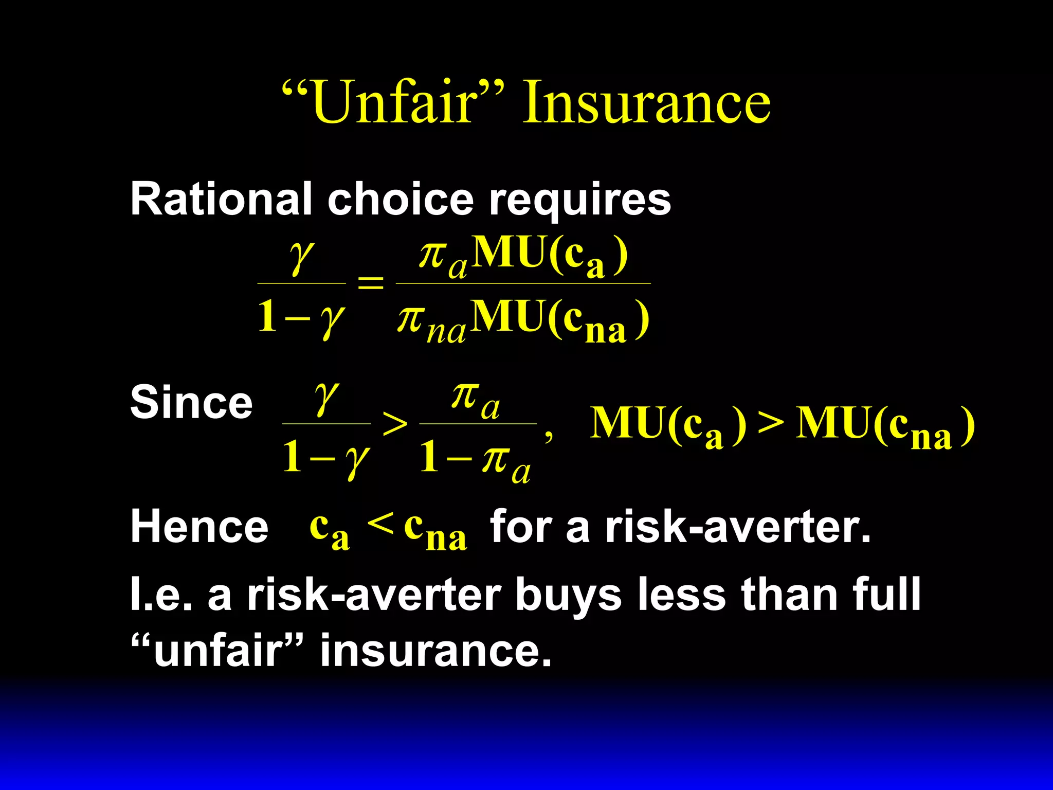 “Unfair” Insurance
Rational choice requires
γ
π a MU(ca )
=
1 − γ π na MU(cna )

γ
πa
>
, MU(ca ) > MU(cna )
1−γ 1−πa
Hence ca < cna for a risk-averter.
I.e. a risk-averter buys less than full
“unfair” insurance.
Since

 