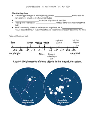 Chapter 12 Lesson 1 – The View from Earth – p414-419 - page4
Absolute Magnitude
 Stars can appear bright or dim depending on their __________________ from Earth, but
stars also have actual, or absolute, magnitudes
 __________________________is the true brightness of an object
 This depends on the star’s _____________________and size rather than its distance from
Earth
 A star’s luminosity, distance, and apparent magnitude are all_____________________.
Thus, if a scientist knows two of these factors, he can mathematically determine the third.
Apparent Magnitude Scale
 