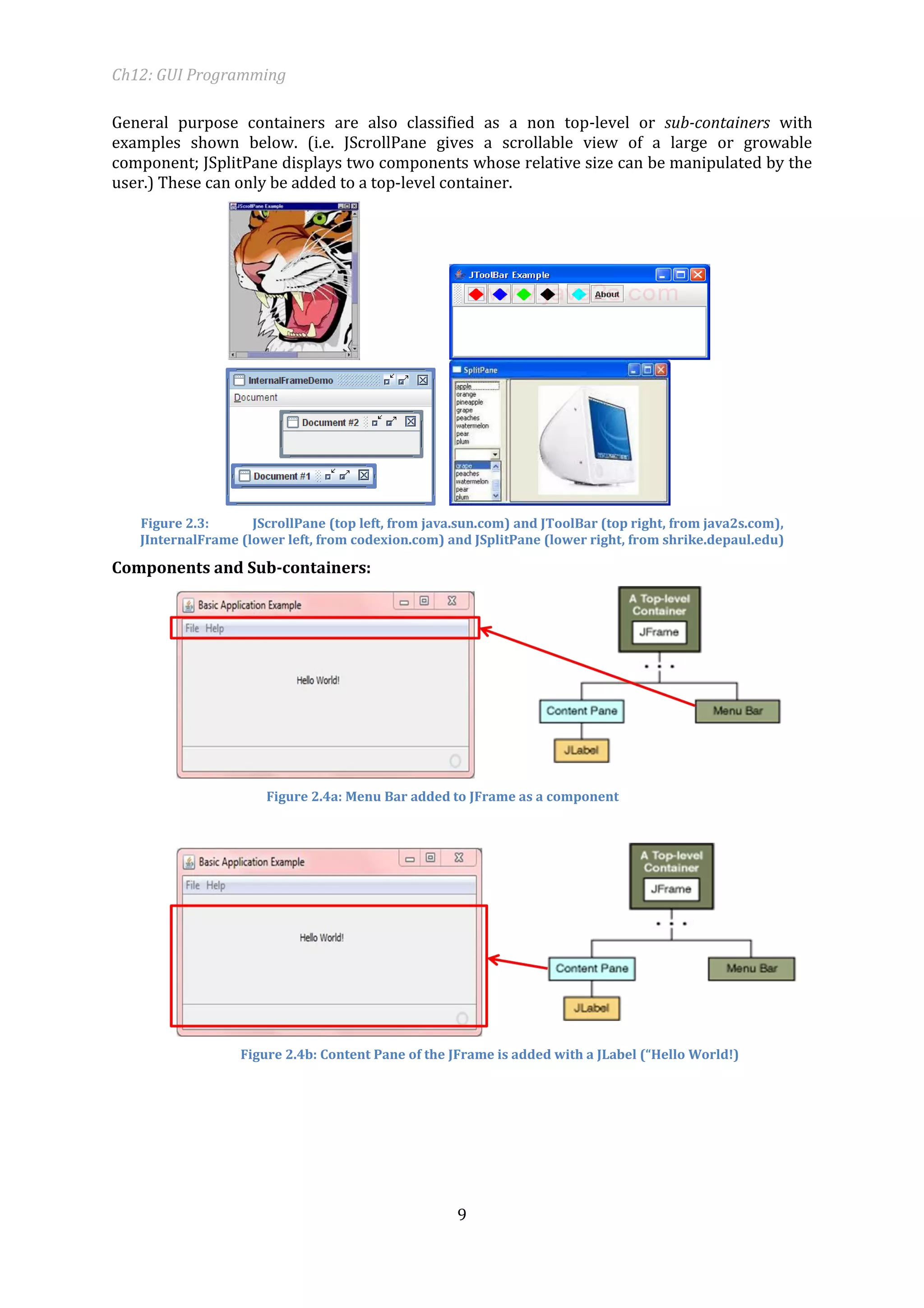 Ch12: GUI Programming 
9 
General purpose containers are also classified as a non top-level or sub-containers with examples shown below. (i.e. JScrollPane gives a scrollable view of a large or growable component; JSplitPane displays two components whose relative size can be manipulated by the user.) These can only be added to a top-level container. 
Figure 2.3: JScrollPane (top left, from java.sun.com) and JToolBar (top right, from java2s.com), JInternalFrame (lower left, from codexion.com) and JSplitPane (lower right, from shrike.depaul.edu) 
Components and Sub-containers: 
Figure 2.4a: Menu Bar added to JFrame as a component 
Figure 2.4b: Content Pane of the JFrame is added with a JLabel (“Hello World!) 
 