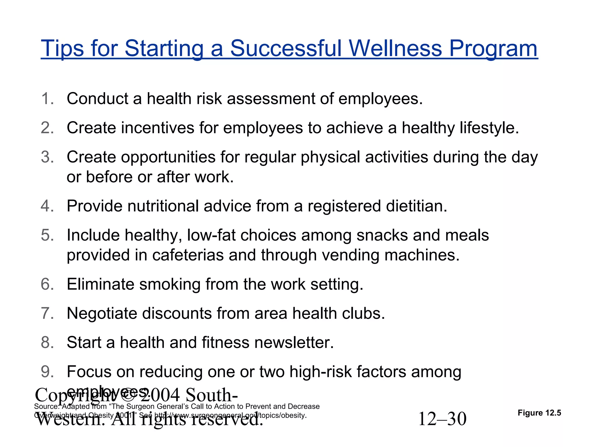 Copyright © 2004 South-
Western. All rights reserved. 12–30
Tips for Starting a Successful Wellness Program
1. Conduct a health risk assessment of employees.
2. Create incentives for employees to achieve a healthy lifestyle.
3. Create opportunities for regular physical activities during the day
or before or after work.
4. Provide nutritional advice from a registered dietitian.
5. Include healthy, low-fat choices among snacks and meals
provided in cafeterias and through vending machines.
6. Eliminate smoking from the work setting.
7. Negotiate discounts from area health clubs.
8. Start a health and fitness newsletter.
9. Focus on reducing one or two high-risk factors among
employees.
Figure 12.5
Source: Adapted from “The Surgeon General’s Call to Action to Prevent and Decrease
Overweight and Obesity 2001.” See http://www.surgeongeneral.gov/topics/obesity.
 