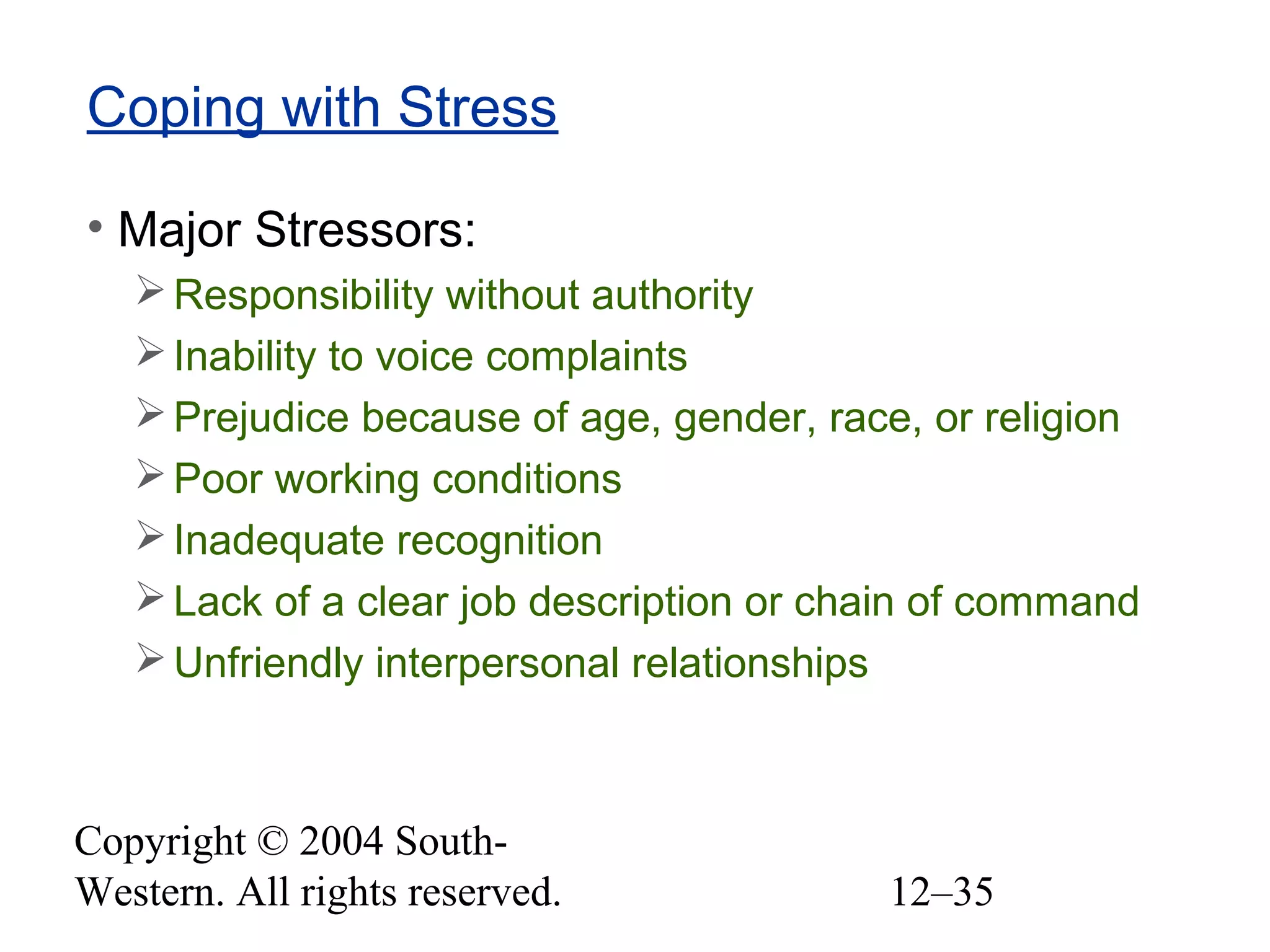 Copyright © 2004 South-
Western. All rights reserved. 12–35
Coping with Stress
• Major Stressors:
Responsibility without authority
Inability to voice complaints
Prejudice because of age, gender, race, or religion
Poor working conditions
Inadequate recognition
Lack of a clear job description or chain of command
Unfriendly interpersonal relationships
 