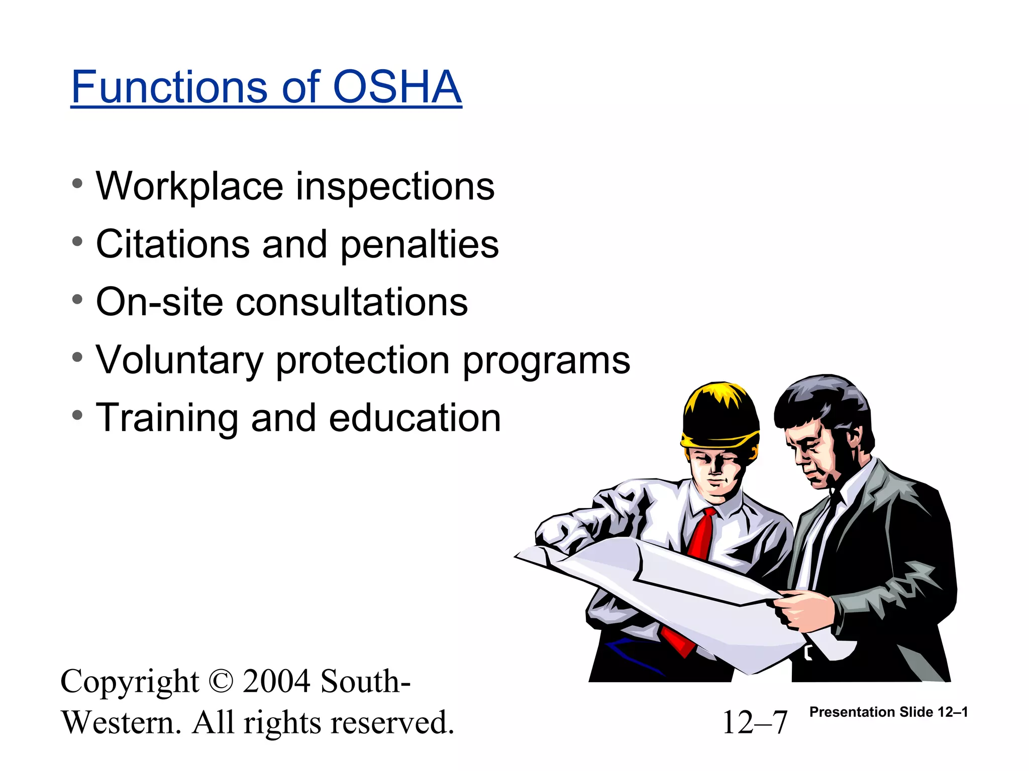 Copyright © 2004 South-
Western. All rights reserved. 12–7
Functions of OSHA
• Workplace inspections
• Citations and penalties
• On-site consultations
• Voluntary protection programs
• Training and education
Presentation Slide 12–1
 