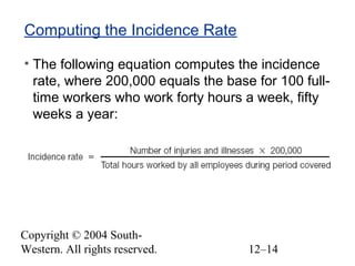 Copyright © 2004 South-
Western. All rights reserved. 12–14
Computing the Incidence Rate
• The following equation computes the incidence
rate, where 200,000 equals the base for 100 full-
time workers who work forty hours a week, fifty
weeks a year:
 