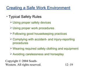 Copyright © 2004 South-
Western. All rights reserved. 12–19
Creating a Safe Work Environment
• Typical Safety Rules
Using proper safety devices
Using proper work procedures
Following good housekeeping practices
Complying with accident- and injury-reporting
procedures
Wearing required safety clothing and equipment
Avoiding carelessness and horseplay
 