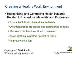 Copyright © 2004 South-
Western. All rights reserved. 12–24
Creating a Healthy Work Environment
• Recognizing and Controlling Health Hazards
Related to Hazardous Materials and Processes
Use substitutes for hazardous materials.
Alter hazardous processes and engineering controls.
Enclose or isolate hazardous processes.
Issue clothing to protect against hazards.
Improve ventilation.
Presentation Slide 12–5
 