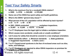 Copyright © 2004 South-
Western. All rights reserved. 12–4 HRM 1
Test Your Safety Smarts
1. What is the maximum fine for a nondeath OSHA citation?
a. $500 b. $750 c. $20,000 d. $70,000
2. Name one of the OSHA four-point safety and health guidelines.
3. What is the OSHA “general duty clause”?
4. What percent of the U.S. population will be affected by back injuries?
a. 23 b. 47 c. 60 d. 80
5. In 2001, OSHA conducted __________ workplace inspections.
a. 35,897 b. 12,260 c. 18,976 d. 29,436
6. T or F? Employees have the legal right to initiate a workplace inspection.
7. Which causes more accidents: unsafe acts or unsafe conditions?
8. List 5 areas for safety that should be covered in a new employee orientation.
9. OSHA standards reflect : a. Minimum standards c. State guidelines
b. Suggested requirements d. Both a and c
10. T or F? Carpal tunnel syndrome is the fear of enclosed areas such as silos,
tanks, and hallways.
11. T or F? Employers are required to allow OSHA inspectors on premises for
unannounced inspections.
 