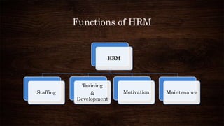 Functions of HRM
HRM
Staffing
Training
&
Development
Motivation Maintenance
 